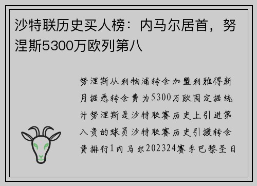 沙特联历史买人榜:内马尔居首,努涅斯5300万欧列第八 沙特联历史买人榜:内马尔居首,努涅斯5300万欧列第八