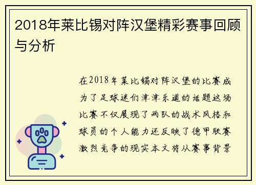2018年莱比锡对阵汉堡精彩赛事回顾与分析